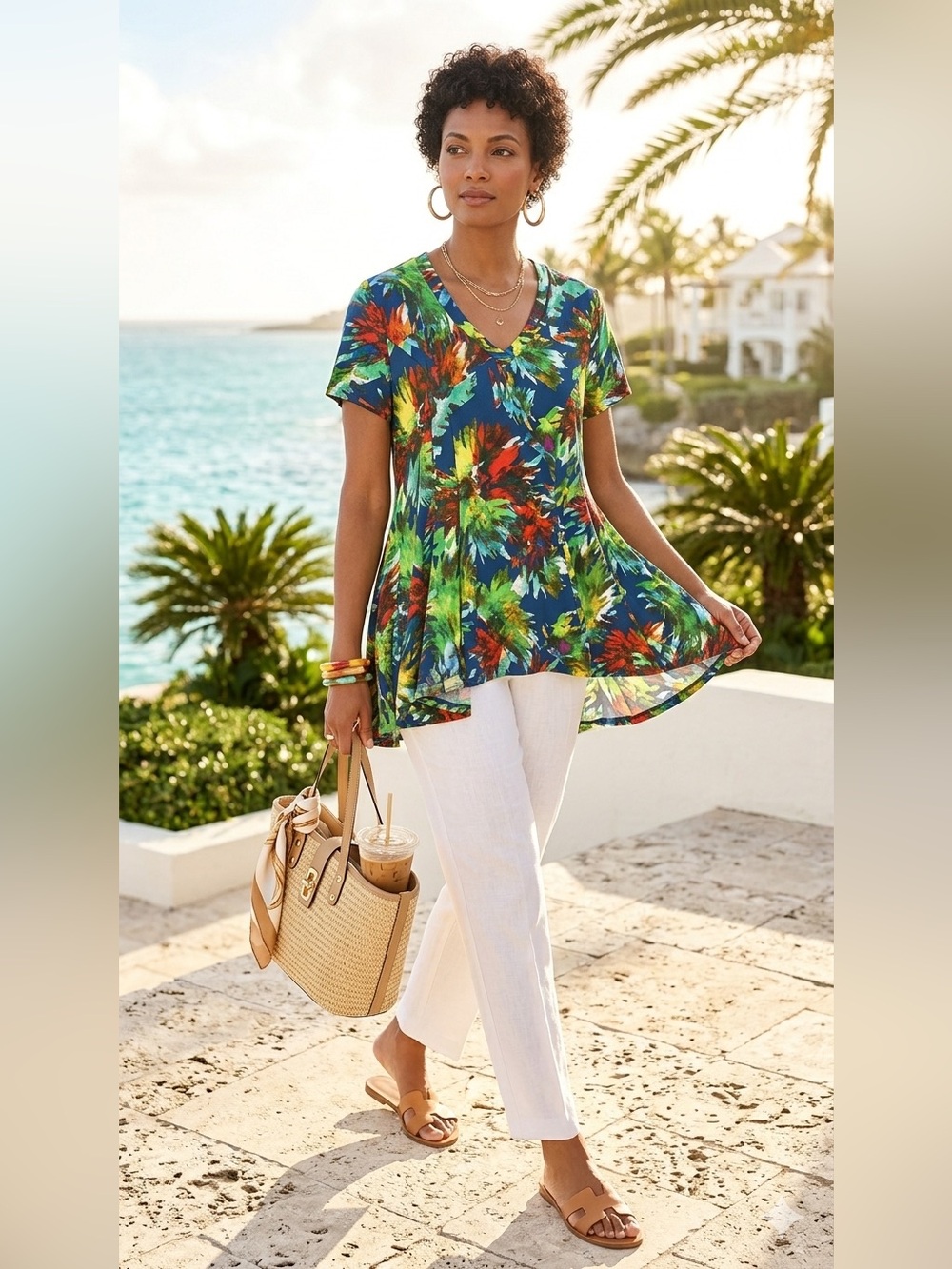 SIZE LARGE Attitudes® by Renee NEW Tunic Top Floral V-Neck Knit Top w/ Pockets